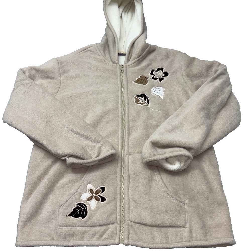 Outbrook beige zip-up hoodie Embroidered autumn leaves white‎ sherpa lining Med